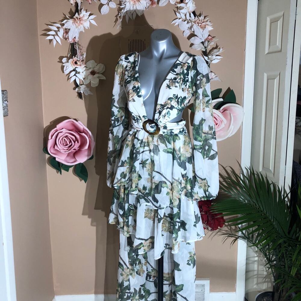 Beach dress green/white exotic floral frilly hilow dress